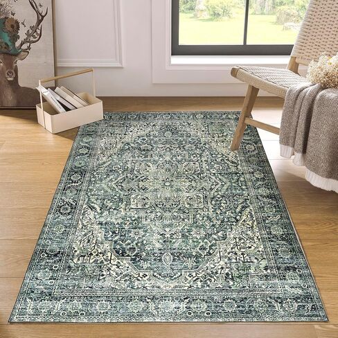 Boho Farmhouse Bedroom Rug 6x9 Washable Easy Clean Stain Resistant Vintage Country Rustic Neutral Earth Tone Area Rug for Dining Room Under Table, Light Tan Brown Beige with Rust Terracotta Pattern in Saudi Arabia