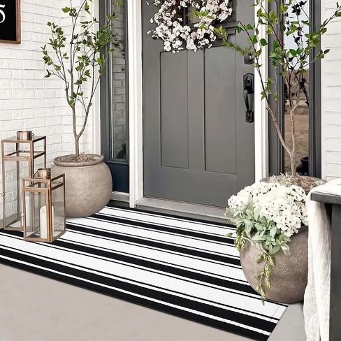 Black and White Striped Outdoor Rug 24"x35", Cotton Hand-Woven Foldable Front Door Mat, Washable Reversible Layered Door Mats for Entryway Porch Decor Home Entrance in Saudi Arabia