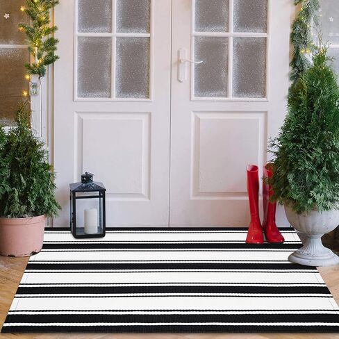 Black and White Striped Outdoor Rug 24"x35", Cotton Hand-Woven Foldable Front Door Mat, Washable Reversible Layered Door Mats for Entryway Porch Decor Home Entrance in Saudi Arabia