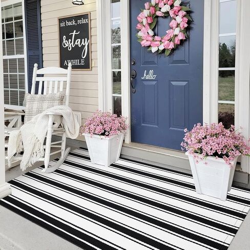 Black and White Striped Outdoor Rug 24"x35", Cotton Hand-Woven Foldable Front Door Mat, Washable Reversible Layered Door Mats for Entryway Porch Decor Home Entrance in Saudi Arabia