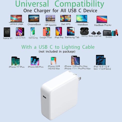شاحن ماك بوك برو 120 وات USB C شاحن سريع لمنفذ USB C ماك بوك برو وماك بوك إير، آيباد برو، سامسونج جالاكسي وجميع أجهزة USB C، يتضمن كابل شحن 6.6أقدام in Kuwait