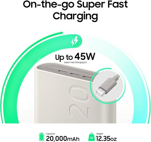 SAMSUNG 45W 20,000mAh Battery Pack Charger, Super Fast Charging w/ 3 Ports for Galaxy Phones, Buds and More, 5A USB-C Cable Included, 2024, US Version, EB-P4520XUEGUS, Beige in Saudi Arabia
