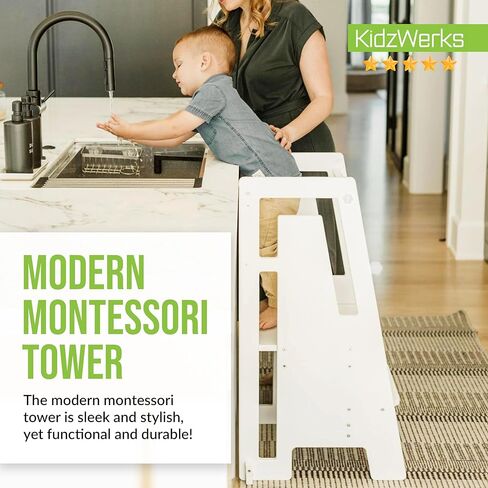 Modern Toddler Tower, Montessori Kitchen Step Stool, Sleek Modern Design Adjustable Standing Platform for Kitchen Counter - White Modern Standing Tower in Kuwait