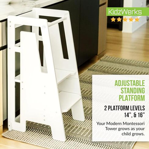 Modern Toddler Tower, Montessori Kitchen Step Stool, Sleek Modern Design Adjustable Standing Platform for Kitchen Counter - White Modern Standing Tower in Kuwait