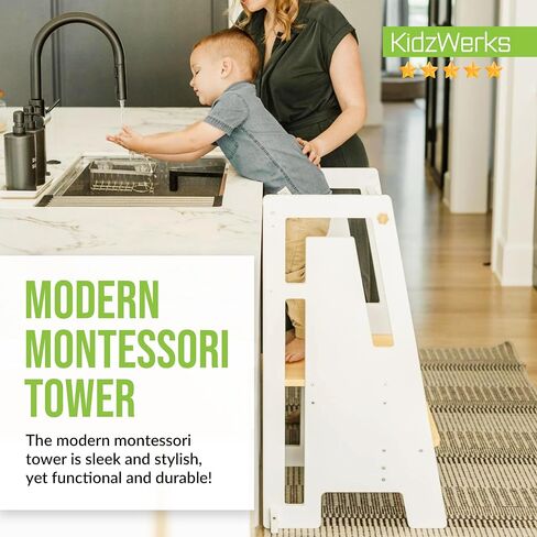 Modern Toddler Tower, Montessori Kitchen Step Stool, Sleek Modern Design Adjustable Standing Platform for Kitchen Counter - White Modern Standing Tower in Saudi Arabia