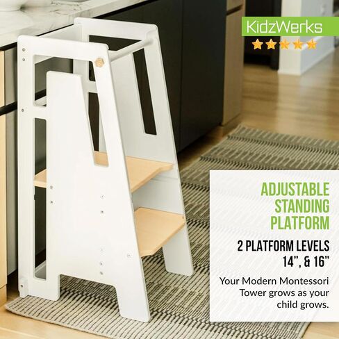 Modern Toddler Tower, Montessori Kitchen Step Stool, Sleek Modern Design Adjustable Standing Platform for Kitchen Counter - White Modern Standing Tower in Saudi Arabia