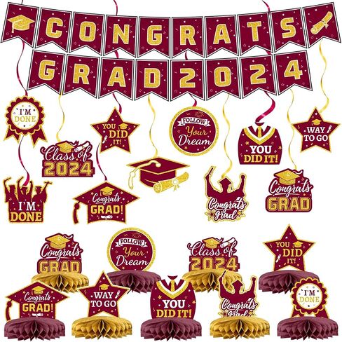 21 Pieces Black and Gold Themed 2024 Graduation Decorations Set includes Congrats Grad Banner, Honeycomb Centerpieces, Hanging Swirl Kit for High School & College Celebrations Party Supplies in Saudi Arabia
