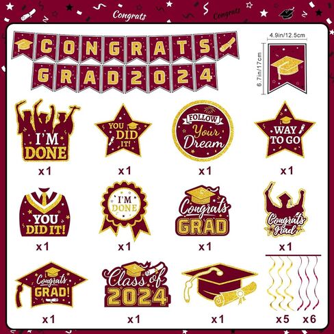 21 Pieces Black and Gold Themed 2024 Graduation Decorations Set includes Congrats Grad Banner, Honeycomb Centerpieces, Hanging Swirl Kit for High School & College Celebrations Party Supplies in Saudi Arabia