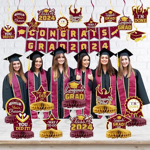 21 Pieces Black and Gold Themed 2024 Graduation Decorations Set includes Congrats Grad Banner, Honeycomb Centerpieces, Hanging Swirl Kit for High School & College Celebrations Party Supplies in Saudi Arabia