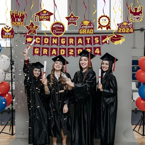 21 Pieces Black and Gold Themed 2024 Graduation Decorations Set includes Congrats Grad Banner, Honeycomb Centerpieces, Hanging Swirl Kit for High School & College Celebrations Party Supplies in Saudi Arabia