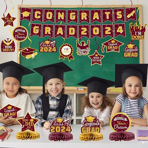 21 Pieces Black and Gold Themed 2024 Graduation Decorations Set includes Congrats Grad Banner, Honeycomb Centerpieces, Hanging Swirl Kit for High School & College Celebrations Party Supplies in Saudi Arabia