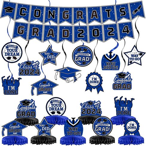 21 Pieces Black and Gold Themed 2024 Graduation Decorations Set includes Congrats Grad Banner, Honeycomb Centerpieces, Hanging Swirl Kit for High School & College Celebrations Party Supplies in Saudi Arabia