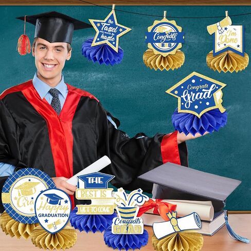 10 قطع من ديكورات حفلات التخرج فئة 2024، قطع مركزية على شكل قرص العسل باللونين الأزرق والذهبي، قطع مركزية لطاولة التخرج، تهنئة لأغطية طاولات التخرج من أجل لوازم حفلات التخرج in Saudi Arabia