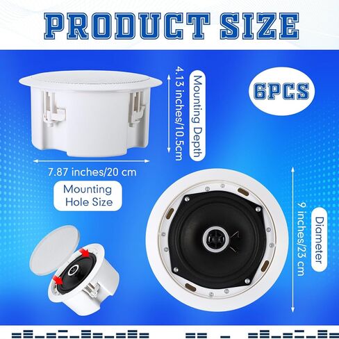 50W 6 Pcs Ceiling Round Speakers 9 inch in Wall Flush Mount Speakers, Sound Amplifier, Dual Woofers, Suitable for Indoor or Covered Public Areas, Whole House Audio, Home Theater System, White in Saudi Arabia