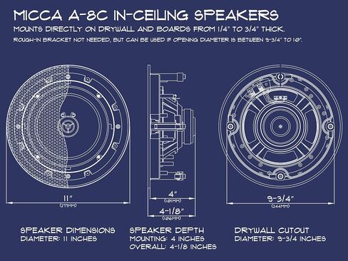 Micca 8" 2-Way in Ceiling or Wall Round Speakers, 4 Pack, 8 Inch Woofer, 9.75" Cutout Diameter, Low Profile Rimless Design, for Indoor Rooms or Covered Outdoor Porches, White, Paintable (Renewed) in Saudi Arabia