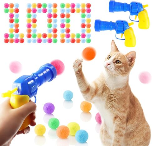 Cat Toy Balls with Launcher Gun, 100 Pom-Poms Balls Interactive Cat Toys for Indoor Cats, Soft Fuzzy Cats Kitten Toys Ball, Plush Ball Shoot Gun,Active Cat Exercise Toys Training Playing in Saudi Arabia