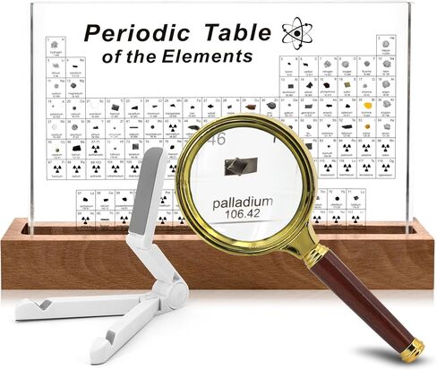 Periodic Table with Real Elements Inside - Includes Magnifying Glass, Wooden Stand, Tripod - Transparent Acrylic Glass - 83 Elements - Educational Gift for Teachers and Students - Large Size in Saudi Arabia