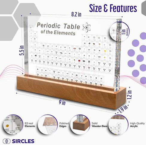 Periodic Table with Real Elements Inside - Includes Magnifying Glass, Wooden Stand, Tripod - Transparent Acrylic Glass - 83 Elements - Educational Gift for Teachers and Students - Large Size in Saudi Arabia