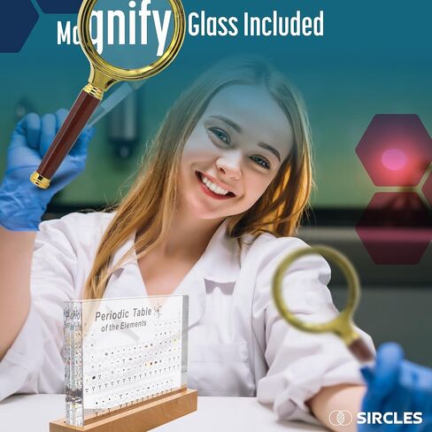 Periodic Table with Real Elements Inside - Includes Magnifying Glass, Wooden Stand, Tripod - Transparent Acrylic Glass - 83 Elements - Educational Gift for Teachers and Students - Large Size in Saudi Arabia