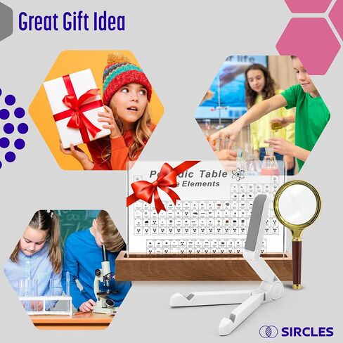 Periodic Table with Real Elements Inside - Includes Magnifying Glass, Wooden Stand, Tripod - Transparent Acrylic Glass - 83 Elements - Educational Gift for Teachers and Students - Large Size in Saudi Arabia