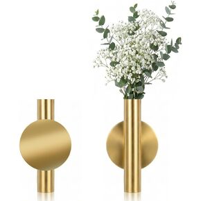2 PCS Gold Circular Vases for Flowers, Metal Hanging Plant Holder Small Gold Tube Wall Planter Hanging Vase for Modern Home Decor Display Faux & Dried Flowers in Kuwait