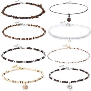 8 Pcs Puka Shell Necklace for Men Surfer Beach Necklace with Hawaiian Beaded Coconut Conch Seashell Designs Summer Accessory Christmas Gifts Dad Son Husband Stocking Stuffers for Men in Kuwait