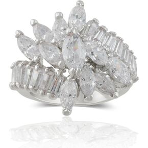 Rhodium Plated Marquise Floral with Baguette Cubic Zirconia Cocktail Ring in Kuwait