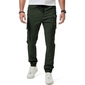 بنطال JMIERR للرجال ذو قصة ضيقة ورباط وخصر مطاطي من نسيج قطني طويل مع جيوب بسحاب، مقاس S، أسود in Kuwait