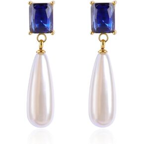Pearl Emerald Cut Birthstone Earring 18k Gold Plated Cubic Zirconia Drop Earring Pearl Dangle Earrings Pearl Jewelry Birthday Gifts for Women in Saudi Arabia