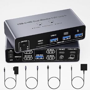 HDMI شاشة مزدوجة KVM Switch 2 جهاز كمبيوتر 2 شاشتين تدعم 4K 60 هرتز، محاكيات EDID KVM Switcher لجهازي كمبيوتر يشاركان الشاشات المزدوجة و3 منافذ USB 3.0 مع ميكروفون صوتي، وضع ممتد ومرآة in Kuwait