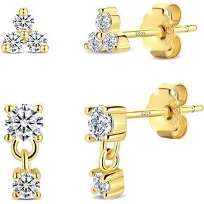 2 Pairs Sterling Silver Moissanite Stud Earrings:14k Gold Plated Delicate Sparkling Round Cut - Silver VVS1 Solitaire Precious Gorgeous Birthday Christmas Valentine's Day Wedding Brides Jewelry Gift Women in Kuwait