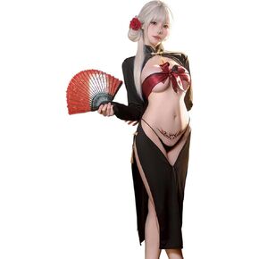 فستان شيونغسام مثير للنساء ملابس داخلية زي طويل على الطراز الصيني أنيمي كوسبلاي لعب الأدوار شفاف من خلال فتحة عالية تشيباو بودي كون قميص نوم بيبي دول ثونغ أسود in Kuwait