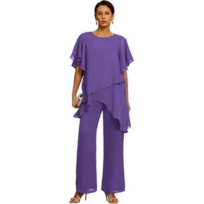 Short Sleeves Mother of the Bride Pant Suits for Wedding Chiffon Scoop Neck Wedding Guest Party Formal Outfit in Kuwait