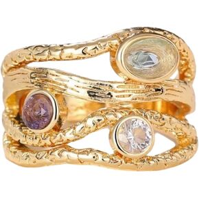 ENDLESSNESS & ETERNITY 3 Colorful Gemstone multicolor 14K Gold Plated Wedding Band Ring Cocktail Ring Chunky Statment Band Ring in Kuwait