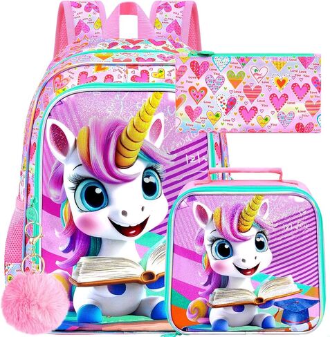 حقيبة كتب gxtvo للكلاب مكونة من 3 قطع، حقيبة ظهر للأطفال مقاس 16 بوصة مع صندوق غداء، حقيبة مدرسية مقاومة للماء للأطفال في مرحلة ما قبل المدرسة الابتدائية - جرو للقراءة باللون الوردي in Kuwait