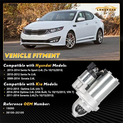 Starter Motor FIT Hyundai Sonata 2009–2014 2.4L, Santa Fe 2010–2012 2.4L, Santa Fe Sport 2013–2014, Kia Optima 2012–2014, Sorento 2011–2014 – Replace OE# 19090 36100-2G100 in Kuwait