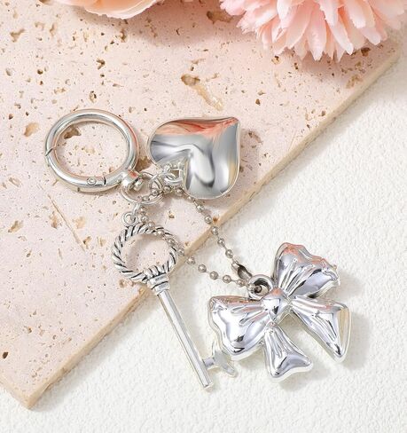Silver Keychains for Women Heart Bow Flower Design Keychain Charms with Bowknot Pendant, Kawaii Cute Phone/Bag Charms for Handbags Purse Key Ring Accessories in Kuwait