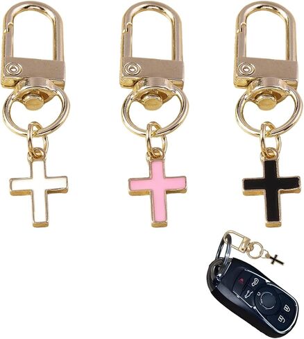 3pcs Small Cross Keychain for Women Bag Charm Keychains for Purse Backpack and Car Keys Cute Cross Key Chain Accessories for Kids Handbag and Back Pack Pendant Charms(White Pink Black) in Kuwait