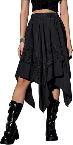 Women's Renaissance Pirate Fairy Skirt 2026 Y2k Contrast Lace Asymmetrical Midi Skirts Whimsical Clothes in Saudi Arabia