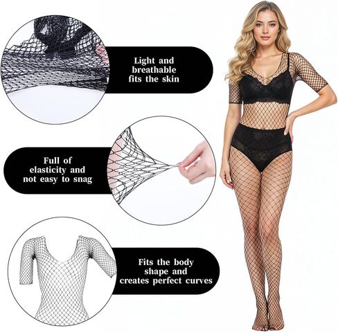 3Pcs Women Lingerie Fishnet Bodysuit Sparkle Rhinestone Sexy Mesh Lace BodyStocking Fishnet Lingerie Long Sleeve Mesh Teddy Lingeries for Romantic Date Wearing Underwear One Size in Kuwait