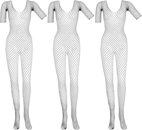 3Pcs Women Lingerie Fishnet Bodysuit Sparkle Rhinestone Sexy Mesh Lace BodyStocking Fishnet Lingerie Long Sleeve Mesh Teddy Lingeries for Romantic Date Wearing Underwear One Size in Kuwait