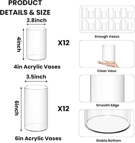 24 عبوة من المزهريات البلاستيكية الأسطوانية، مزهريات زهور أكريليك شفافة صغيرة مقاس 6 بوصة و4 بوصة لحفلات الزفاف المنزلية المركزية، مقاس 2 in Kuwait