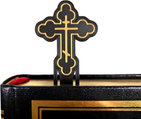 3D Printed Orthodox Christian Cross Bookmark (Black/White/Gold, 5 inch) in Saudi Arabia