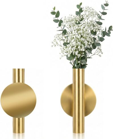 2 PCS Gold Circular Vases for Flowers, Metal Hanging Plant Holder Small Gold Tube Wall Planter Hanging Vase for Modern Home Decor Display Faux & Dried Flowers in Kuwait