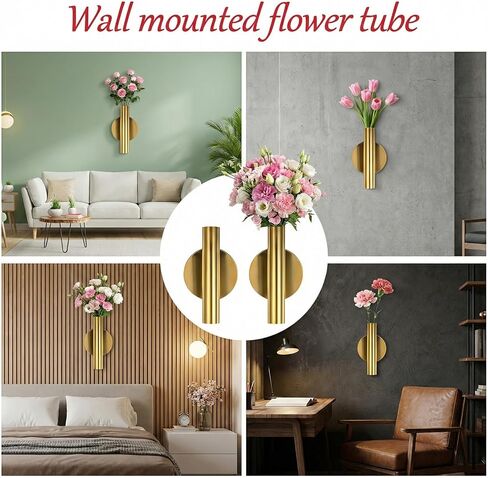 2 PCS Gold Circular Vases for Flowers, Metal Hanging Plant Holder Small Gold Tube Wall Planter Hanging Vase for Modern Home Decor Display Faux & Dried Flowers in Kuwait