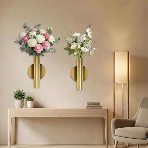 2 PCS Gold Circular Vases for Flowers, Metal Hanging Plant Holder Small Gold Tube Wall Planter Hanging Vase for Modern Home Decor Display Faux & Dried Flowers in Kuwait