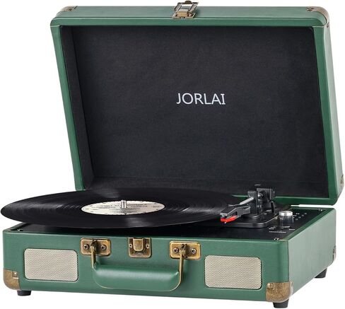 3-Speed Record Player Green Portable Suitcase Turntable with Built-in Battery, Wireless Bluetooth Vinyl Phonograph with 3.5mm Aux-in/RCA Line Out in Saudi Arabia