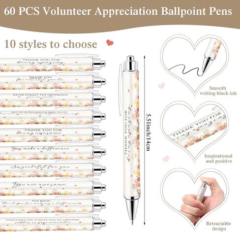 Tondiamo 60 Sets Volunteer Appreciation Gifts Volunteer Week Ballpoint Pens with Appreciation Cards and Opp Bags Thank You Gift for Social Worker Coworker Teacher Charity Ministry Employee(10 Styels) in Kuwait