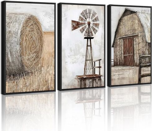 Drsoum مزرعة جدار الفن خمر ريفي طاحونة الحظيرة حقل الذرة صور مؤطرة اللوحة المناظر الطبيعية الريف الريفية قماش العمل الفني ديكور المنزل على استعداد لشنق 11x14in - الطبيعية مؤطرة in Kuwait
