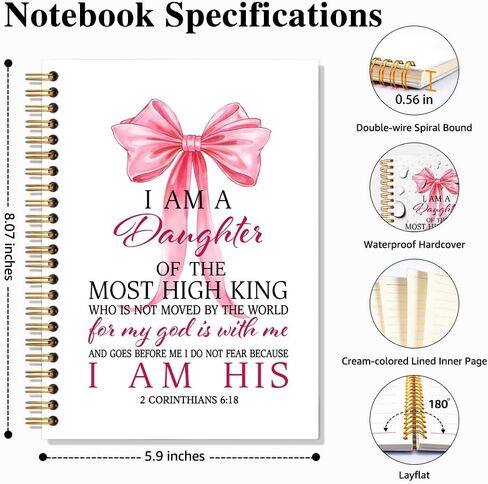 I Am A Daughter of The Most High King 160 Page White Lined Spiral Notebook, Pink Bow Hardcover Christian Notebook, 2 Corinthians 6:18 Bible Journal for Women, Religious Gifts for Lady Coworker in Kuwait